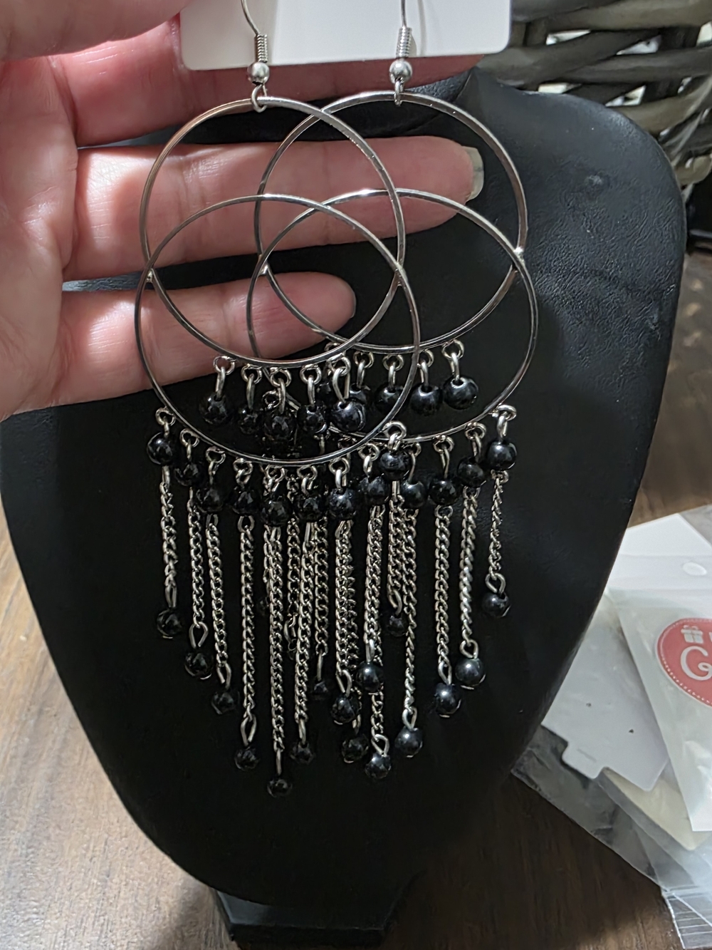 Silver Hoop Fringe Earrings with Black Beads - Women Jewelry